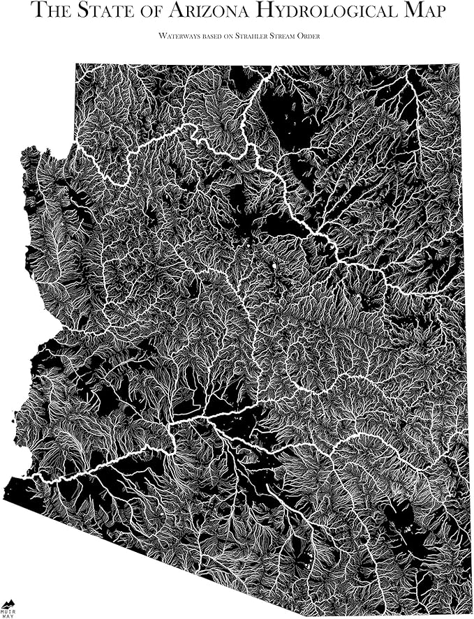 Muir Way Hydrological River Map of Arizona - Watershed Topographic Wall Art for Home, Office, or Travel Decor - Unframed Flat Paper Print, 24x30