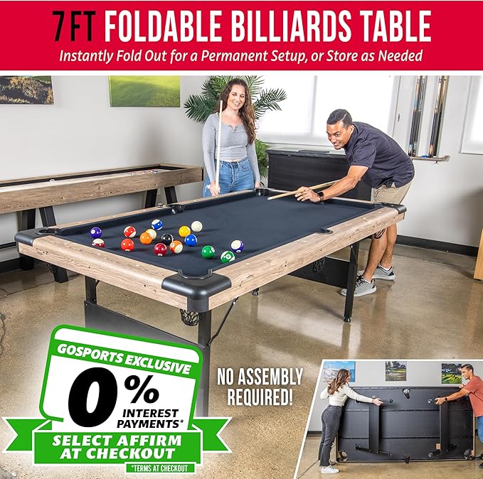 GoSports 6, 7, or 8 ft Billiards Tables - No Assembly, Choose Your Color - Portable Pool Table Includes Full Set of Balls, 2 Cue Sticks, Chalk and Felt Brush