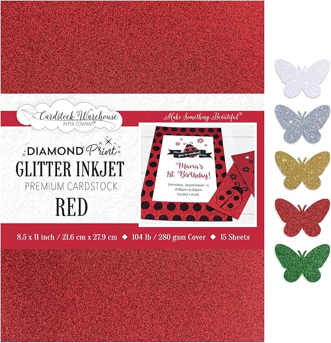 Cardstock Warehouse Diamond Print Inkjet Glitter - Premium Red Glitter Cardstock Paper – 15 Sheets, 8.5 x 11" - 104 lb/280 GSM for Inkjet Printing, Die-Cutting, Card Making, Crafts, and DIY Projects