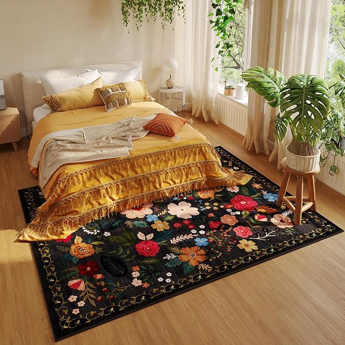 Rugcomf Living Room Rug 6x9 Rug Machine Washable Boho Area Rug Non Slip Floral Vintage Low Pile Large Rug for Living Room, Bedroom, Farmhouse, Dining Room, Kids Playroom(Black)