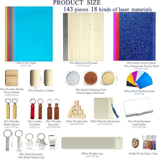 YoSpciaNe Laser Engraving Material Kit, 143 Pcs Engraving Supplies, 18 Kinds of Laser Blanks Including Wood, Paper, Acrylic, Metal, PU Leather