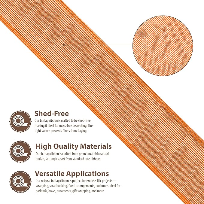 Mandala Crafts Orange Burlap Wired Ribbon 2.5 Inches Wide Jute Ribbons for Crafts - 10 Yds Roll Rustic Burlap Wrap Trim Ribbons for Wreaths Bows Party Decoration