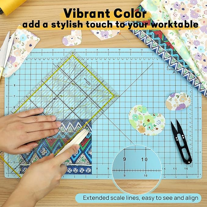 Premium Idemeet Self Healing Cutting Mat 18'' x 12'', A3 Non-slip Sewing Mat for Quilting, 5-Ply Rotary Cutting Board Double-Sided for Crafts Cutting Fabric Scrapbooking Modeling Projects, Aqua Blue