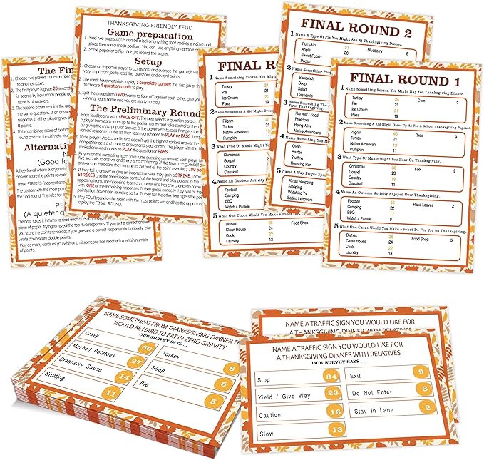 Thanksgiving Family Feud Game, Thanksgiving Party Games for Adults, Friendly Feud Quiz for Family Game Night Funny Trivia for Office Groups, 12 Question Game Cards and 3 Final Round Cards, 01