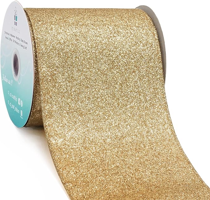 CT CRAFT LLC Glitter Wired Ribbon 4" x 10 Yards Light Gold for Christmas Home Decor Bow Gift Wrapping DIY Crafts Wreath