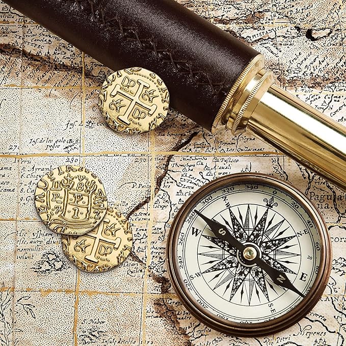 Large Metal Pirate Coins - 36 Bronze, Silver, Gold & Rose Gold Treasure Coin Set, Metal Replica Spanish Doubloons for Pirate Party Decorations & Favors, Tokens, Toys, Cosplay, Treasure Chest