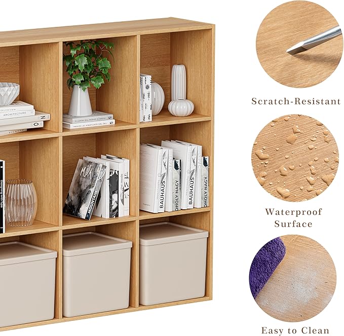 Wooden Cube Storage Organizer with Closed Back Panel, 11in Cube Shelf Opening, Bookshelf, Display Shelf,Closet Cabinet for Home and Office (Natural Oak, 12-Cube 35.98L*9.45W*47.72H)