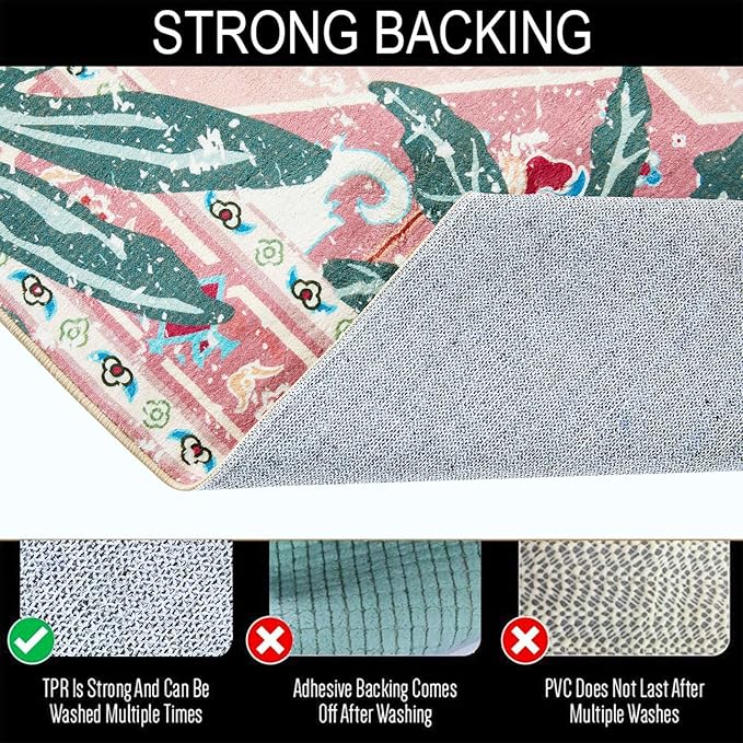 Washable Pink Rugs Boho Vintage Tropical Jungle 8x10 Area Rugs Tribal Oriental Carpet for Bedroom Kitchen Dining Living Room Office Distressed Indoor Cute Nursery Rug