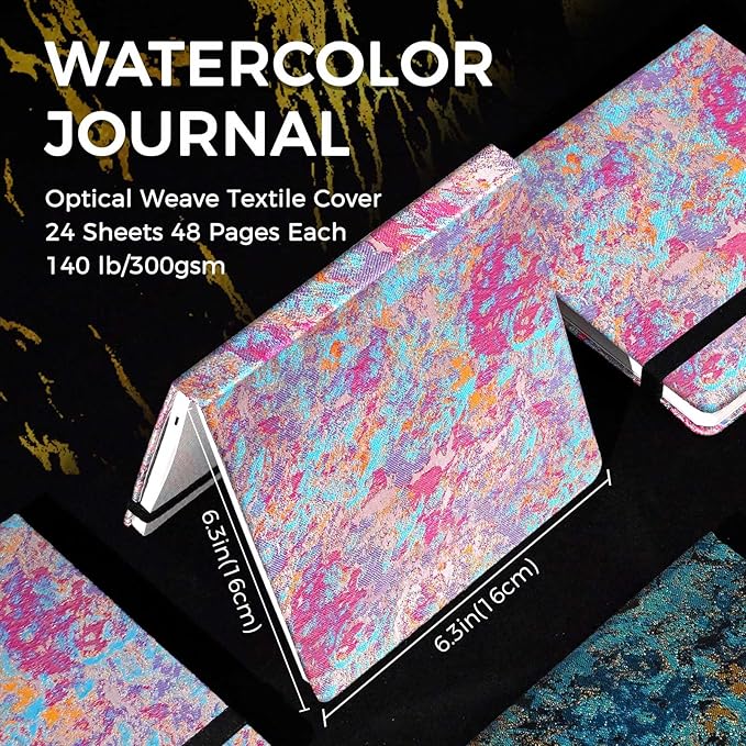 Funto Watercolor Journal, 6.3x6.3, 24 Sheets, 100% Cotton Cold Press, 300gsm/140lb, Inner Paper Pocket, Art Supplies for Mixed Media