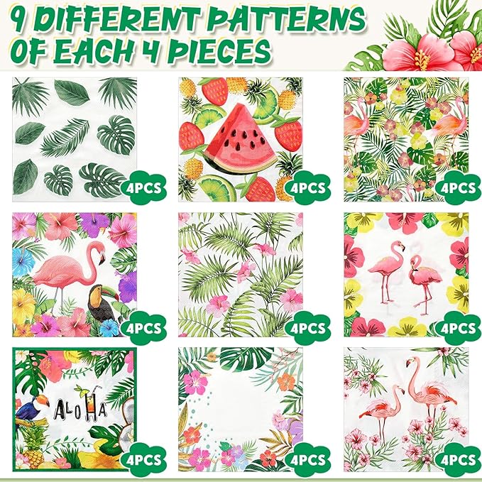 Crtiin 36 Pack 9 Styles Decoupage Napkins Assorted Floral Decorative Decoupage Napkins Chinoiserie Cocktail Paper for DIY Crafting Birthday Party, Each Unfolded 13 Inch(Tropical Plants)