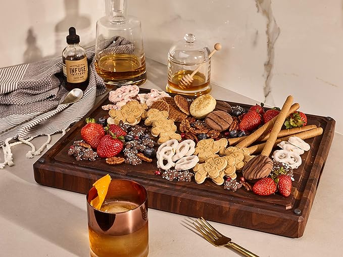 Sonder Los Angeles Alfred Cutting Board Made in USA | Black Walnut End Grain Cutting Board with Non-Slip Feet, Juice Groove, Sorting Compartments | Gift Box Included | 17x13x1.5 in