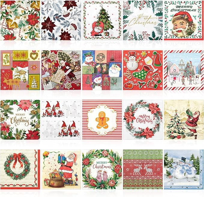 Crtiin 20 Pack Assorted Christmas decoupage napkins Santa Snowman Tree Napkins Decorative Beautiful for Birthday Xmas Winter Party Supplies, 20 Styles Each 6.5 Inches