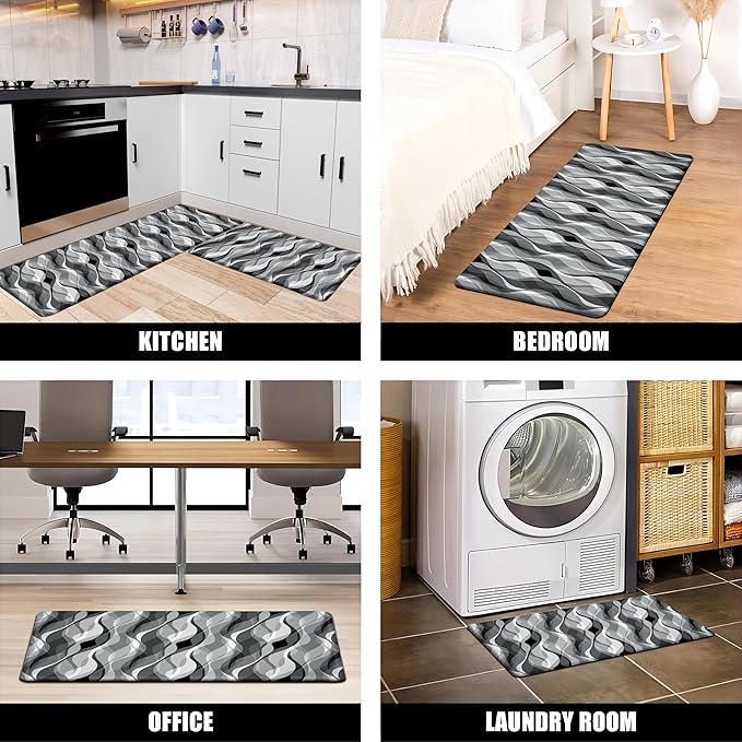 weesire Kitchen Mats for Floor Modern Abstract Kitchen Rugs Grey Stripe Anti Fatigue Kitchen Mats Waterproof Floor Mats Cushioned Non-Skid Standing Mats for Kitchen, Set of 2,17.3 x 28+17.3 x 47