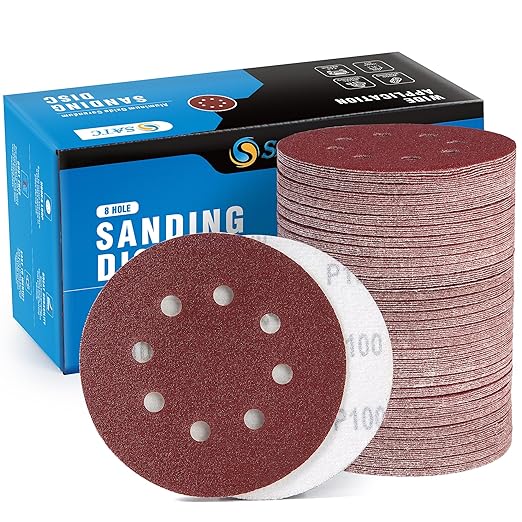 S SATC 150 Pcs Hook and Loop Adhesive Sanding Discs 5 Inch 8 Hole Sandpaper 100 Grit Aluminum Oxide Sander Pads for Random Orbital Sander