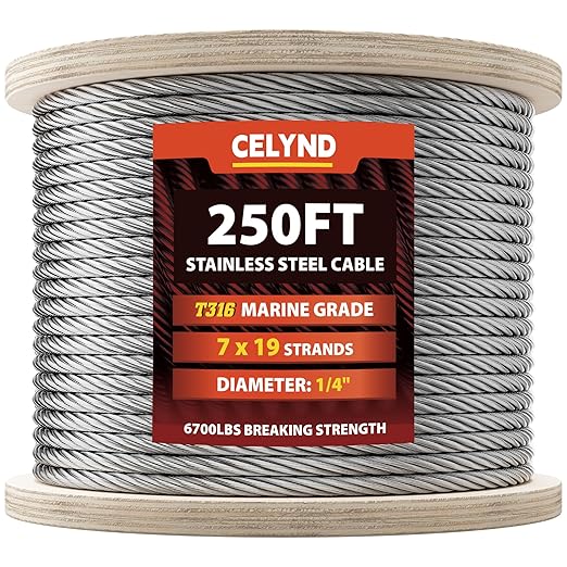 Stainless Steel Cable for Railing - 250FT 1/4" T316 Wire Rope - 7 x 19 Strands 6700 LBS Breaking Strength for Outdoor Deck Railing Zipline