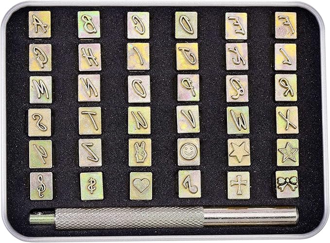 Yoption 37 Pieces Leathercarft Stamping Tool Set, 26 Letters Alphabet & 10 Patterns Stamping Tool 6mm +1 Stamping Handle for Leather Craft