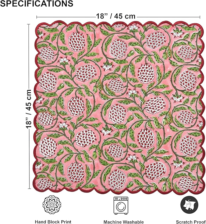 Ridhi Strawberry Pink Hand Block Print Napkins 18" x 18" Set of 4 Reusable Cotton Dinner Napkins for Weddings, Parties & Everyday Dining, Thanksgiving, Christmas, Fall