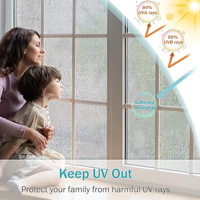 VELIMAX Rain Glass Window Film Privacy Static Window Clings Decorative Glass Sticker for Home Office Removable UV Protection Heat Control 17.7 x 118 inches