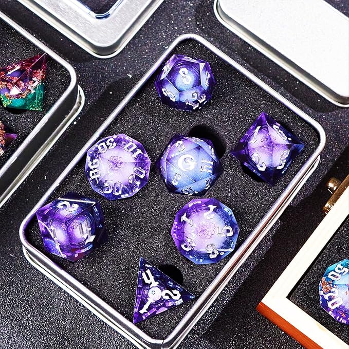Dark Moon Liquid Core DND Dice Set for Role Playing Games, Polyhedral Dungeons and Dragons Dice Set with Gift Box, Full Liquid Core Resin Sharp Edge D&D Dice Set (InkBlueDice)