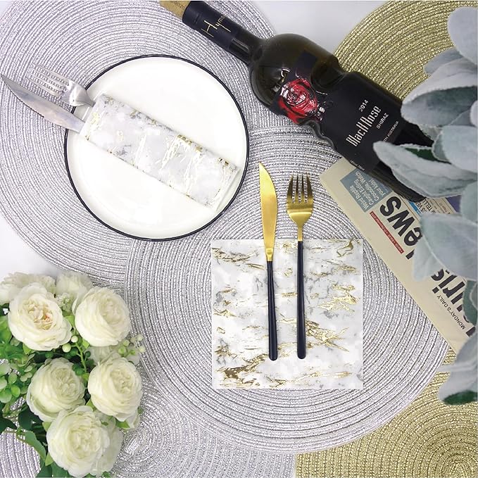 80-Pack Napkins Disposable Paper Towel Cocktail Dinner Party Decoration, Gold Splash