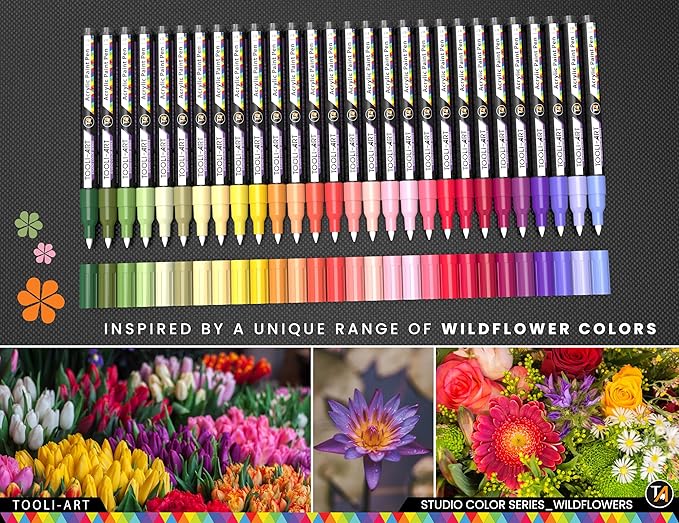 28 Wildflower Colors Acrylic Paint Pens Studio Color Series Markers Set 0.7mm Extra Fine Tip, Rock Painting, Glass, Mugs, Wood, Metal, Canvas, DIY, Detailing. Non Toxic, Waterbased, Quick Drying