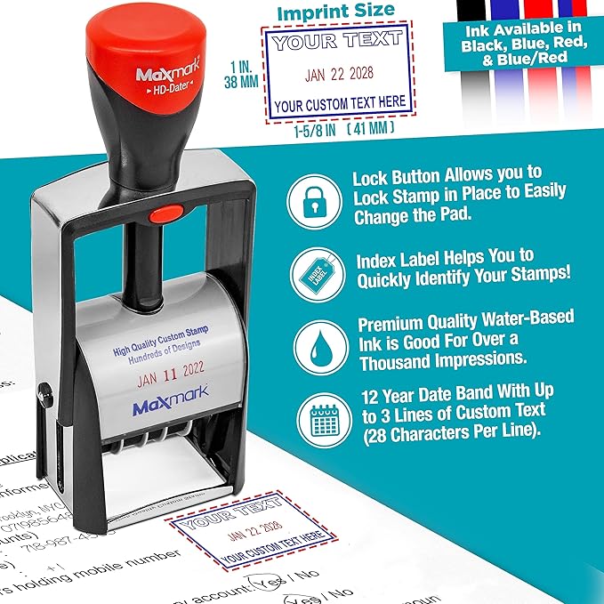 MaxMark Heavy Duty Self Inking Date Stamp with Phrase Entered - 2 Color Blue/Red Ink