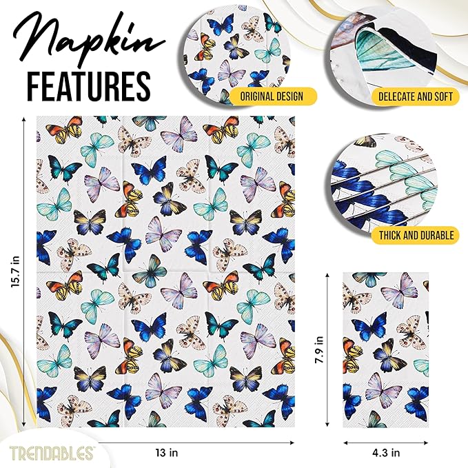 Trendables Butterfly Napkins for decoupage 200 Pcs 3 Ply Butterfly paper napkins decorative Guest Towels Disposable Bathroom, For Tea Party Decorations, Dinners & Weddings
