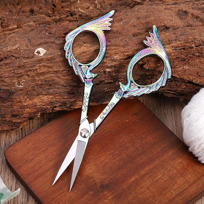 Embroidery Scissors - Small Vintage Sharp Detail Shears for DIY Craft, Sewing, Artwork, Needlework Yarn, Fabric Cutting, Thread Snips, 5in Rainbow Peacock Style