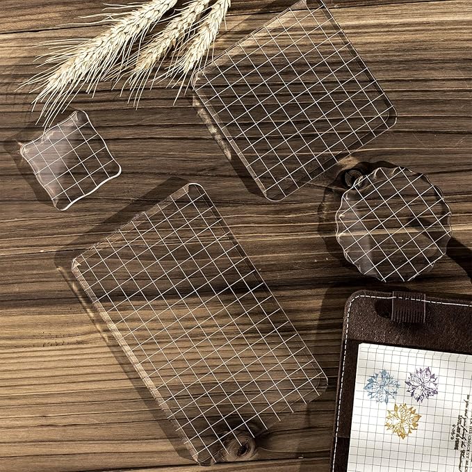 Whaline Large Acrylic Stamp Block Clear Stamping Tools Set with Grid Lines for Art Crafts Scrapbooking, 4 Pack
