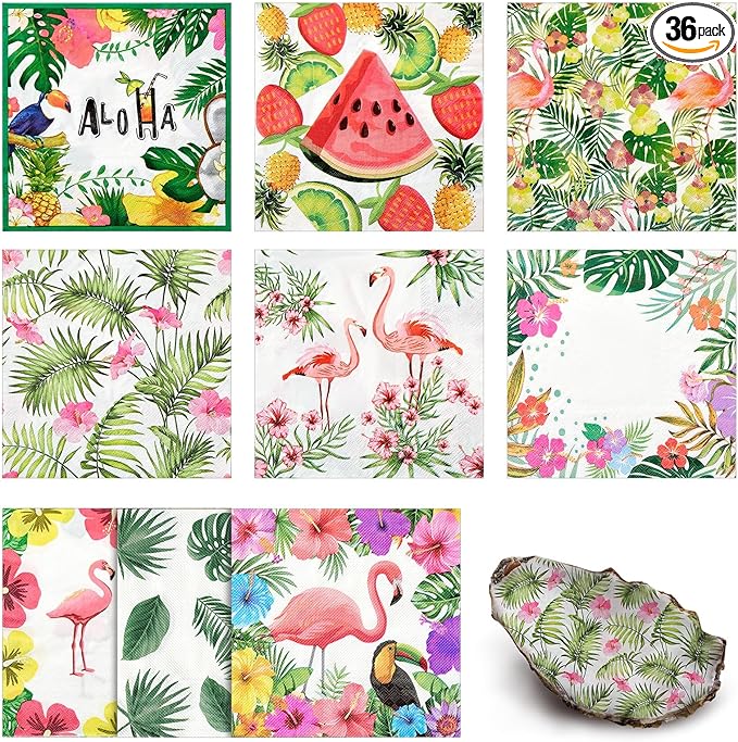 Crtiin 36 Pack 9 Styles Decoupage Napkins Assorted Floral Decorative Decoupage Napkins Chinoiserie Cocktail Paper for DIY Crafting Birthday Party, Each Unfolded 13 Inch(Tropical Plants)