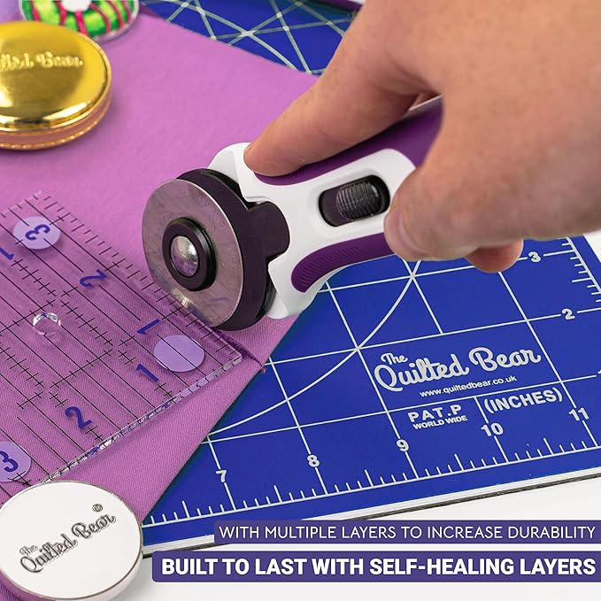 The Quilted Bear Rotating Cutting Mat 7" x 7" - Locking & Rotating Self Healing Cutting Board for Sewing, Fabric & Effortless Quilting - 360 Degree Sewing Supplies Mat for Craft Table (Blue)