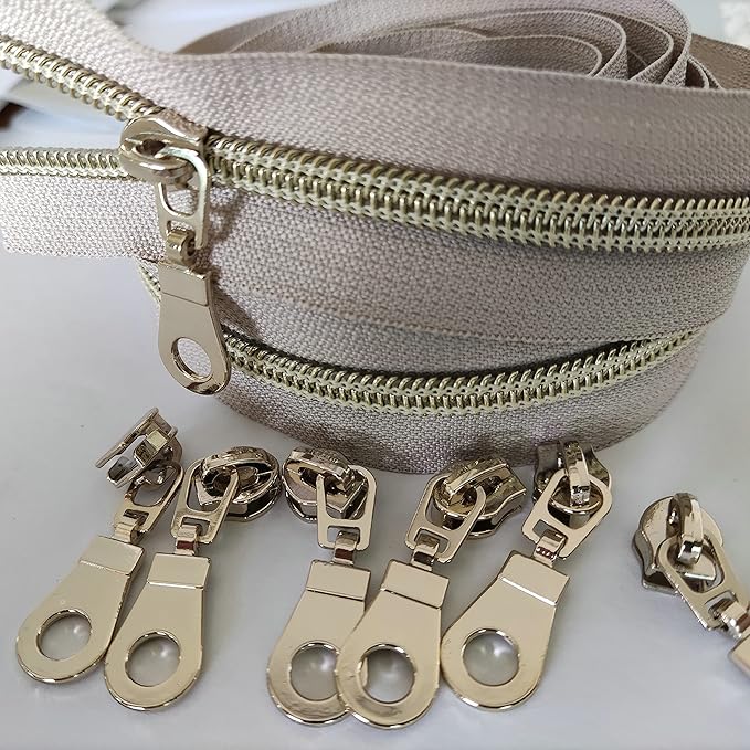 Leekayer #5 Light Gold Teeth Metallic Nylon Coil Zippers by The Yard Bulk 10 Yards Beige Tape with 25pcs Gold Sliders for DIY Sewing Tailor Craft Bag(Beige)