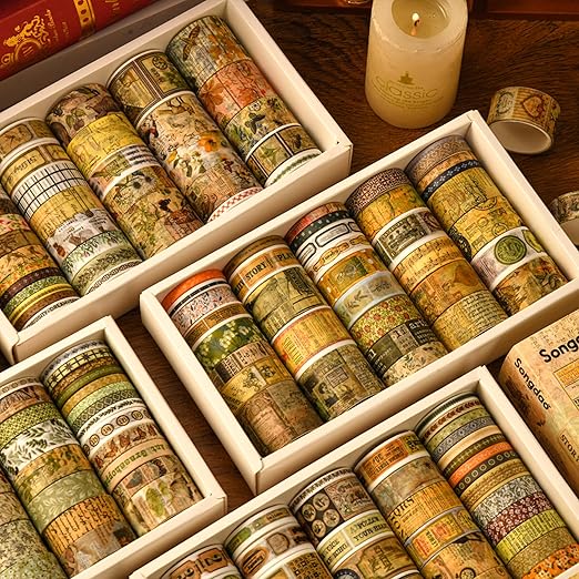 36 Rolls Vintage Washi Tape Pack Retro Arts Adhesive Tapes Wide Chronicle Decorative Masking Tape Sets for Craft, Kids, Scrapbook, DIY, Gift Wrapping (Sophia's Letters)