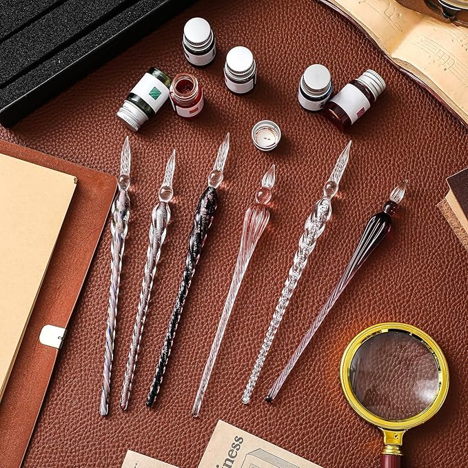 Zonon Glass Dipped Pen Ink Set 14 Pcs Include 6 Pcs Glass Dip Pen, 6 Colorful India Ink and 2 Holder Crystal Signature Calligraphy for Art, Writing, Signatures, Gift (Purple Pink Color System)