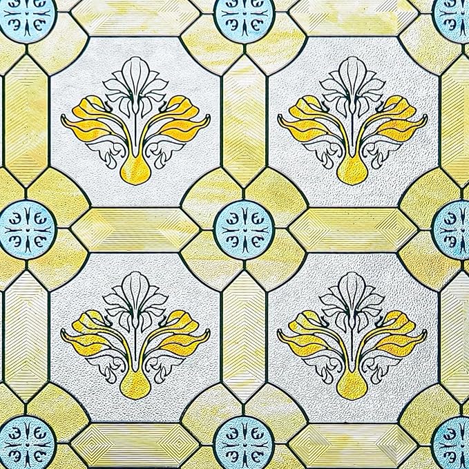 3D Stained Glass Window Film, Decorative Window Privacy Film for Bathroom,Front Door,Home, Sun Blocking Heat Control,Static Cling,23.6inch x 35.4inch Gilt Glazed Flowers