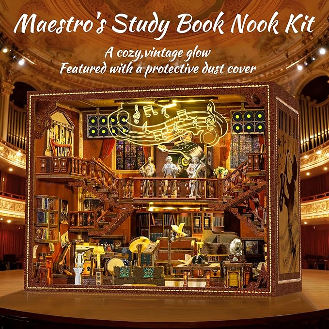 Book Nook Kit - 3D Wooden Puzzle for Adults and Teens, DIY Miniature Bookshelf Insert with LED Light, Ideal Gift for Family, Friends（Maestro's Study）