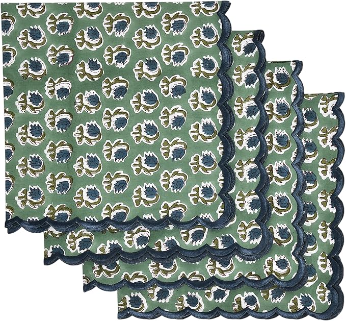 Ridhi Basil GreenHand Block Print Napkins 18" x 18" Set of 4 Reusable Cotton Dinner Napkins for Weddings, Parties & Everyday Dining, Thanksgiving, Christmas, Fall
