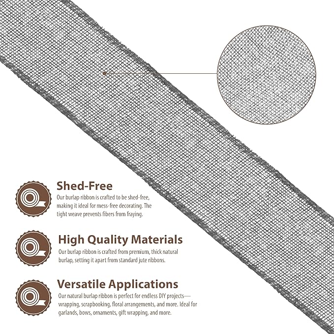 Mandala Crafts Gray Burlap Ribbon 2 Inches Wide Jute Ribbons for Crafts - 20 Yds Roll Rustic Burlap Wrap Trim Ribbons for Wreaths Bows Wedding Party Decoration