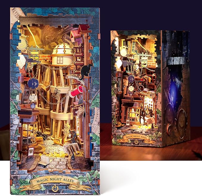 3D Wood Puzzle Book Nook Kit, DIY Magical Miniature Dollhouse with LED Light, Magic Night Alley Bookshelf Insert Bookend for Display, 3D Puzzle Craft Set for Adults(Magic Night Alley)