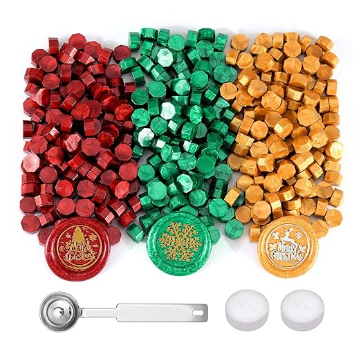 Yoption 360 Pieces Sealing Wax Beads Kit, Red God Green Christmas Sealing Wax with Candles and Melting Spoon, 3 Colors