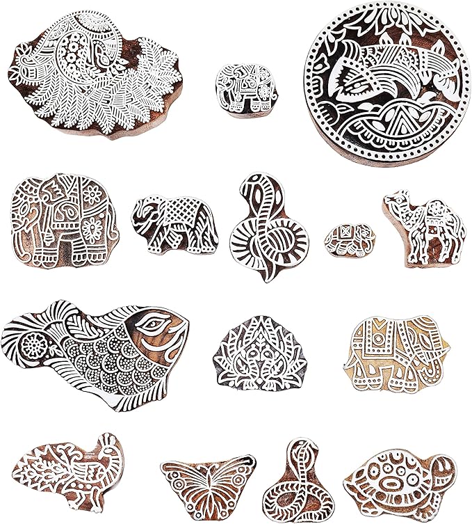 Wooden Printing Stamps Assorted Design - Handcarved Indian Textile Printing Blocks [ Pack of 37 Assorted Pc from 200 Design ] Wood Stamps for Tattoo Clay Pottery Cards Henna HASHCART®