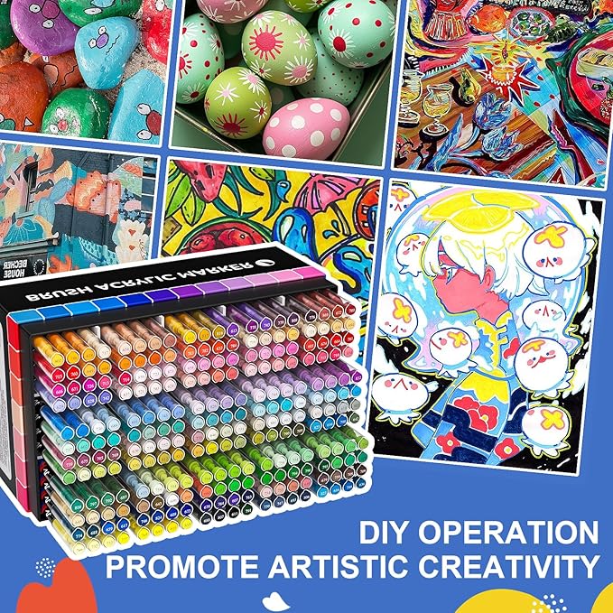 DICEKOO 240 Colors Acrylic Paint Markers, Soft Brush Tip Pens with Automatic Ink Control System, Waterproof, Quick-Drying, Lightfast, for Rock Painting, Canvas, Wood, Egg & DIY Crafts Art Supplies