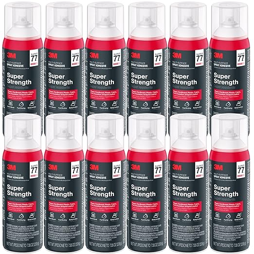 3M Super 77 Multipurpose Spray Adhesive, 7.35 oz Cans, Pack of 12 – Bulk High-Strength Spray Glue for Foam, Fabric, Plastic, Paper, Cardboard, Metal & More