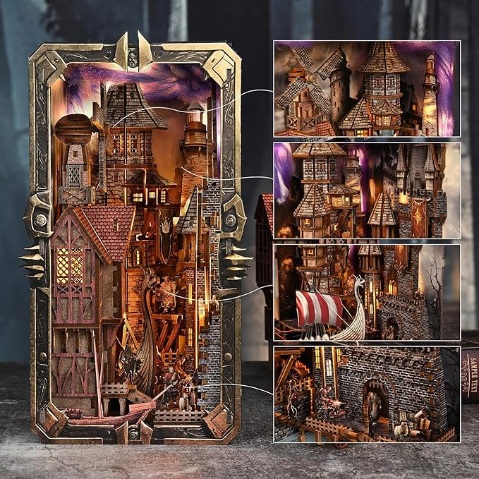 DIY Viking Book Nook Kit, Miniature House Dollhouse Kit for Adult and Teens, Booknook Bookend Tiny House Model Build Bookshelf Insert Decor 3D Wooden Puzzle, Gifts for Family, Friends