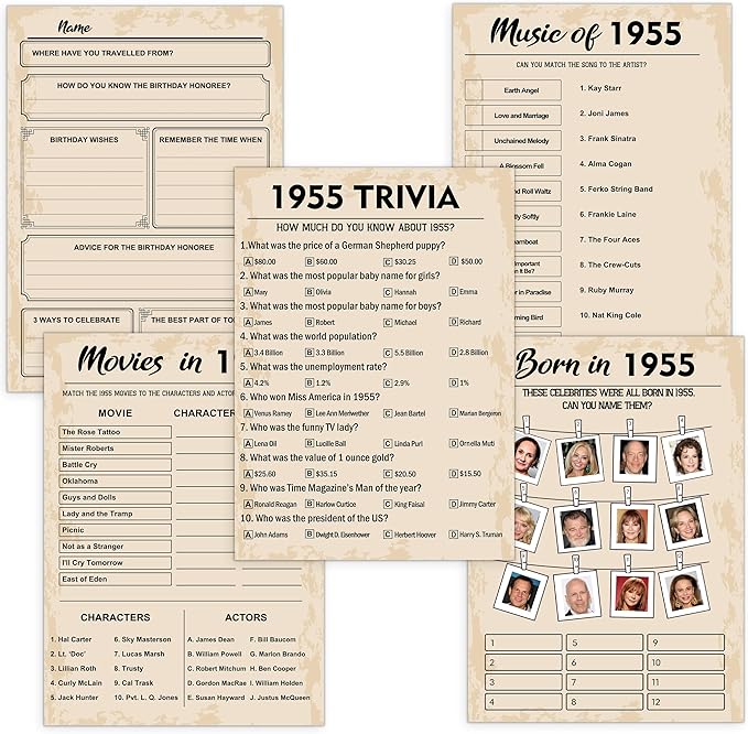 70th Birthday Party Games, Born in 1955 Games Bundle, Set of 5 Activities for 10 Guests, Birthday Party Supplies for Adults, Pack of 50 Cards