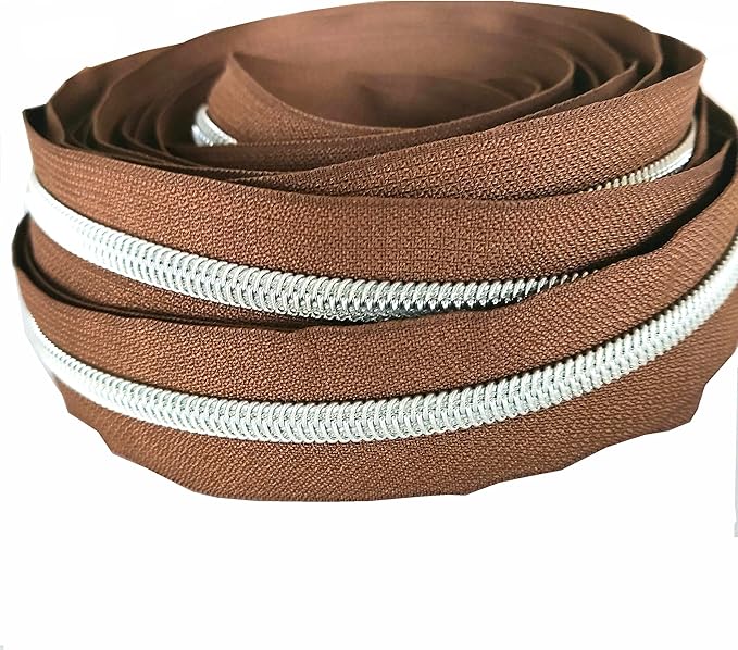 Leekayer #5 Metallic Silver Nylon Coil Zippers by The Yard Bulk 10 Yards Brown Zipper Tape with 25pcs Silver Sliders for DIY Sewing Tailor Craft Bag(Brown)