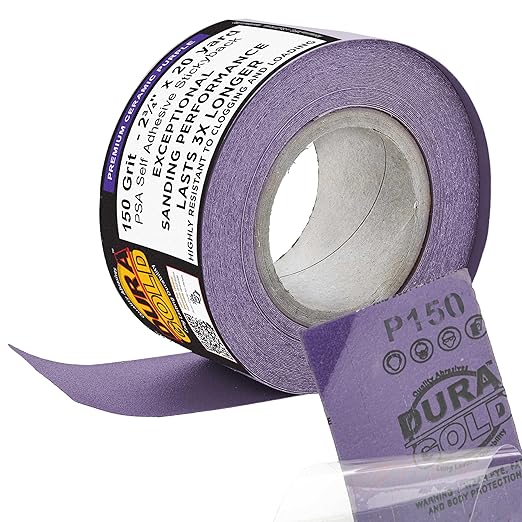 Dura-Gold Premium 150 Grit PSA Purple Film Ceramic Longboard Sandpaper, 2-3/4" Wide Continuous 20 Yard Roll - Self Adhesive Stickyback for Auto & Wood Air File Long Board Sanders, Hand Sanding Blocks