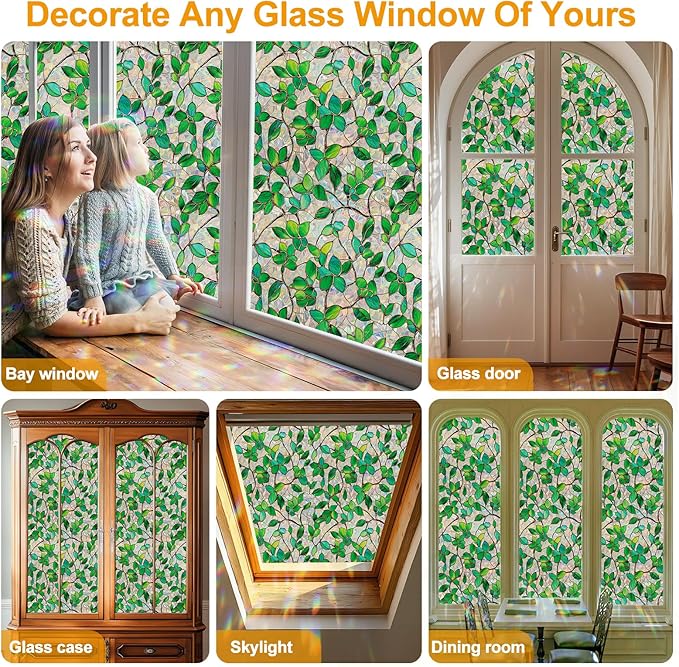 Window Privacy Film Stain Glass Window Film Rainbow Window Film Window clings Non-Adhesive Reusable Decorative for Room (Greenery Leaf, 35.4 x 157.4 in)