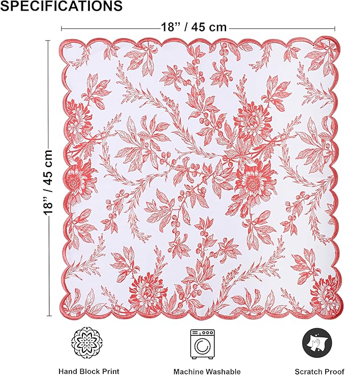 Ridhi Peach Coral Hand Block Print Napkins 18" x 18" Set of 4 Reusable Cotton Dinner Napkins for Weddings, Parties & Everyday Dining, Thanksgiving, Christmas, Fall