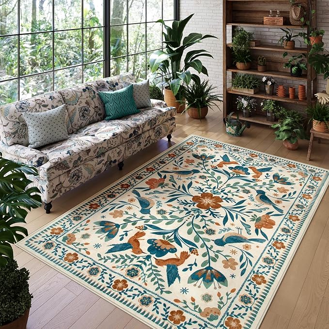 Morebes Floral Washable 5x7 Nursery Rug, Boho Insect Living Room Rug Non Slip, Vintage Jungle Bird Rug for Bedroom, Indoor Plant Floor Carpet for Playroom Foyer, Beige/Multi